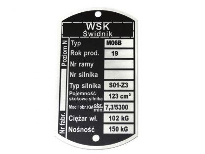 Tabliczka znamionowa WSK 125 M06B