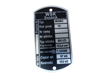 Tabliczka znamionowa WSK 125 M06B3 S01-Z3 150 kg
